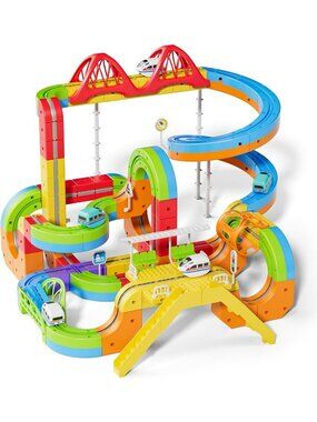 Electric Train Set with 3D Cube Track - DIY Rail Block Kit for Kids, 172pcs+2